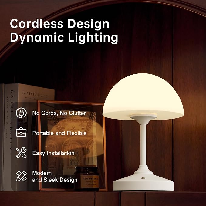 Mushroom Lamp Cordless Lamp Table Lamp,Outdoor Waterproof Shower Lamps,5000mAh Rechargeble Battery Operated Dimmable Touch Desk Lamps,LED Night Light for Bathroom Patio Camping Outdoor(White)