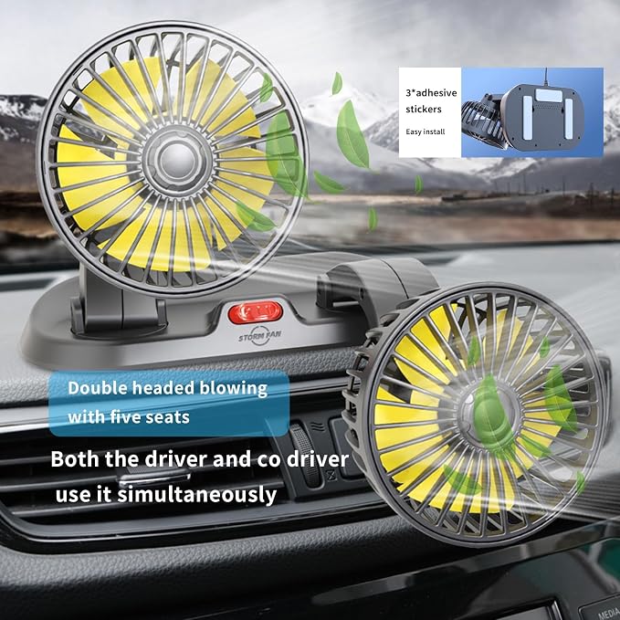 Dual Head 12V Car Fan for SUV Truck RV with No AC,Adjustable Car Cool Fan, Dual Head Design, 2-speed Adjustable, 360° Rotating Portable Car Fan,Powered by Cigarette Lighter