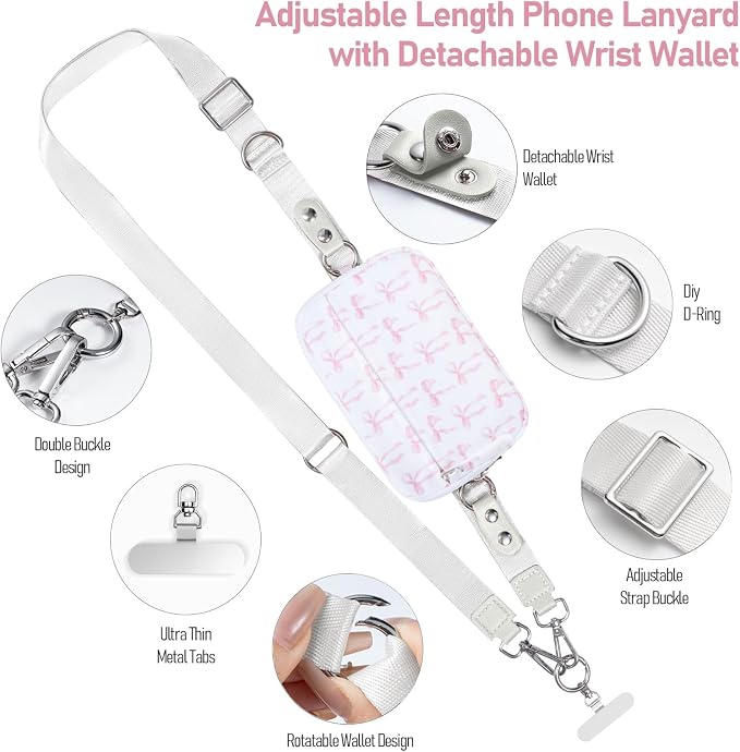 Tiostep Clip and Go Strap for Phone with Wallet Crossbody Phone Lanyard Adjustable and Detachable RFID Wristlet Wallet (Bow, Medium)