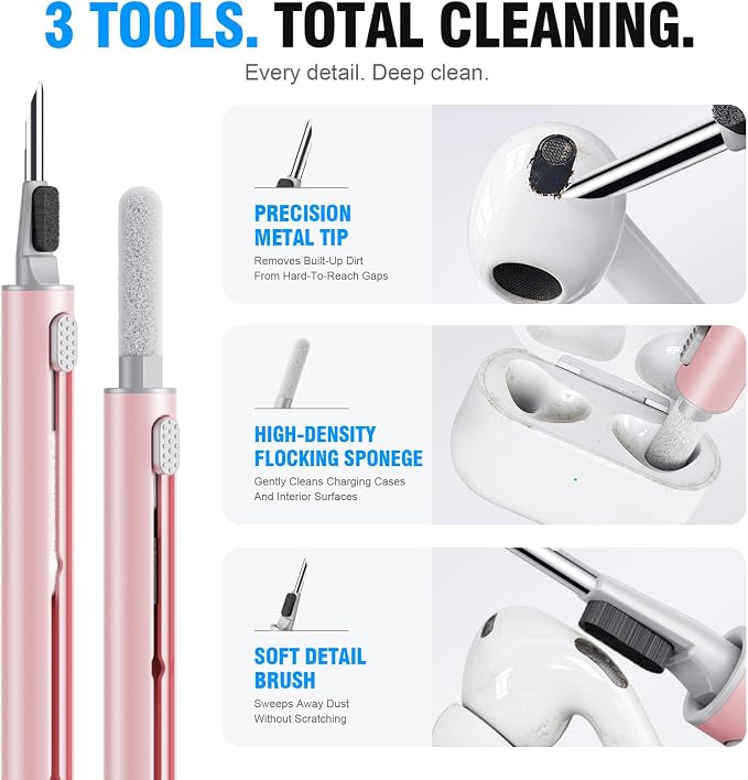 Hyashee Cleaner Kit for Airpods Pro 1 2 3 Multi-Function Cleaning Pen with Soft Brush Flocking Sponge for Bluetooth Earphones Case Cleaning Tools (Pink)