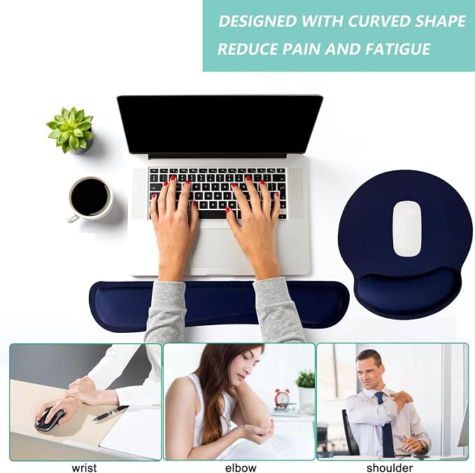 Keyboard Wrist Rest Pad Mouse Pad with Wrist Support Set of 3, Mousepad with Non-Slip Rubber Base, Ergonomic Memory Foam Mouse Wrist Cushion Support for Home Office Laptop Computer Gaming, Navy Blue