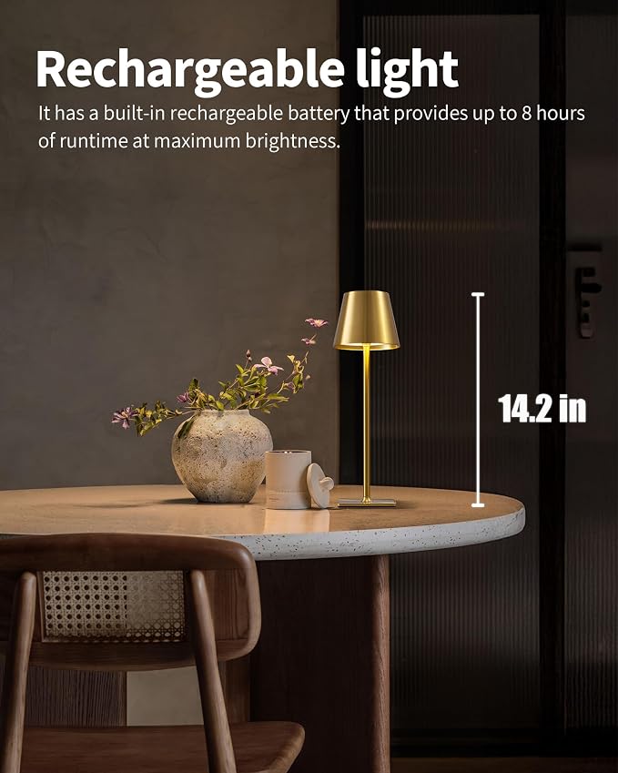 KDG 2 Pack Cordless Gold Table Lamps, Rechargeable Portable LED Desk Lamps | 4000mAh Battery Operated 3 Color Stepless Dimming Up for Restaurant, Bedroom, Outdoor Party, Camping, Coffee Shop, Nightlight