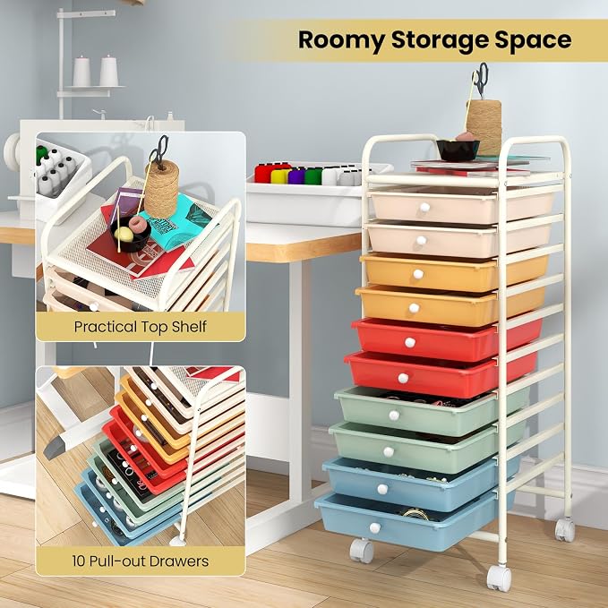 COSTWAY 10-Drawer Rolling Storage Cart, Utility Mobile Trolley | Removable Drawers & Universal Casters & 2 Brakes, Versatile Flexible Drawer Organizer Cart for Home, Office (Macaron)
