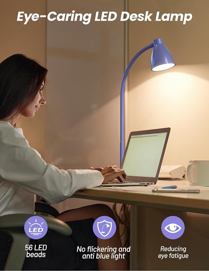 BOHON LED Desk Lamp with USB Charging Port, 3 Color Modes Dim, Lilac Purple | Reading Lamp, Auto Dimming Task Lamp, Flexible Neck Table Light for Office Dorm Bedside, Adapter Include