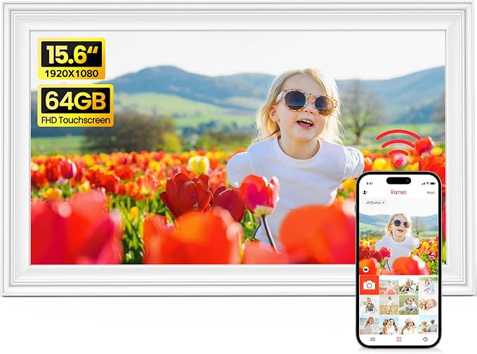 BIGASUO 15.6" Digital Picture Frame, 64GB WiFi Digital Frame Frameo with 1920x1080 FHD IPS Touch Screen, Share Photos Videos via Frameo App, Support SD/USB Drive, Best Gifts for Parents/Grandparents