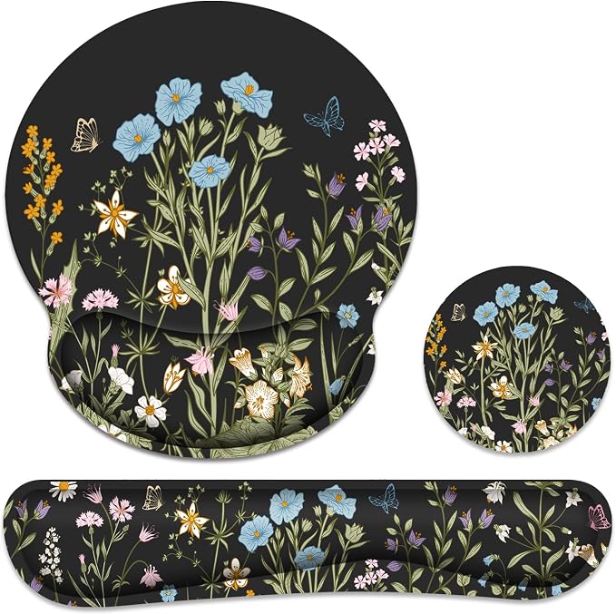 Ergonomic Mouse Pad with Wrist Rest and Keyboard Wrist Rest, Mousepad | Memory Foam Wrist Rest for Computer Keyboard, Pain Relief, Non-Slip Base, Black Mouse Pad Wrist Support for Gaming, Floral