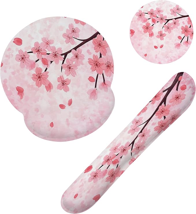 Cherry Blossom Pink Flower Mouse Pad with Wrist Rest Set, 3-in-1 Wrist Support Mousepad Set, Gaming Mat Pad with Anti-Skid Base,Ergonomic Memory Foam Mouse Pad Set for Women, Office, Typing, Gaming