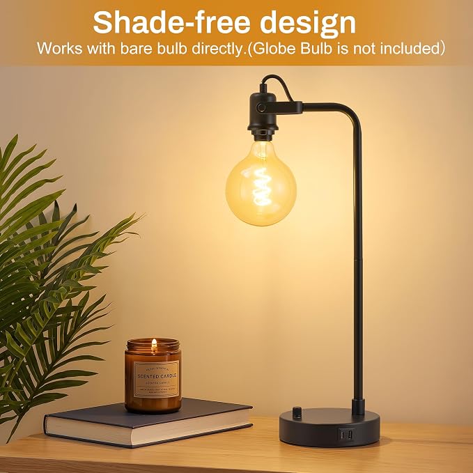 Black Table Lamp Set of 2 with USB A and C Ports, 180° Adjustable Stepless Dimming Bedside Lamps for Night Stands, E26 LED Bulb Included, Industrial Desk Lamps for Home Office, Bare Bulb Compatible