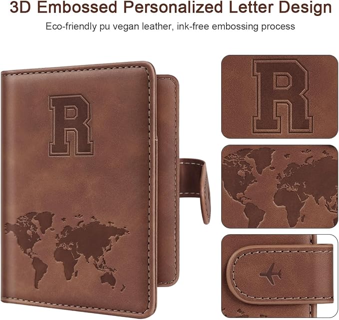Passport Holder Wallet Cover Personalized Initial Travel Essentials | Embossed Letter A-Z Design, Travel Wallets, RFID Blocking, Passport Book Holders, Women Men, Personalized Gifts, Brown-R