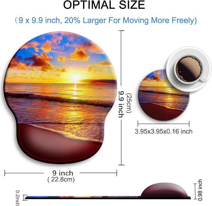 Ergonomic Mouse Pad with Wrist Support Rest,Large Mousepad Gel Wrist Rest, with Coaster Non-Slip & Pain Relief for Computer, Desk, Home&Office-Sunset Beach | Big Mousepad With Coaster Non-slip & Pain Relief for Computer, Home&Office Desk Decor