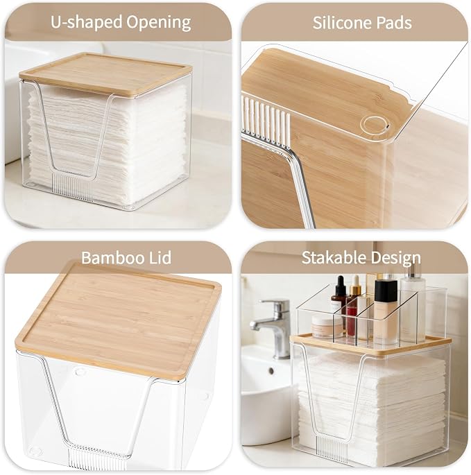 SPOSPO 2 in 1 Disposable Facial Towel Holder and Cosmetic Organizer | Clear Storage with Bamboo Lid Compatible with Clean Skin Club Towel XL, Vanity Organizer for Bathroom Vanity Counter (1 Pack)