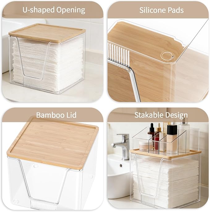 SPOSPO 2 in 1 Disposable Facial Towel Holder and Cosmetic Organizer | Clear Storage with Bamboo Lid Compatible with Clean Skin Club Towel XL, Vanity Organizer for Bathroom Vanity Counter (2 Pack)