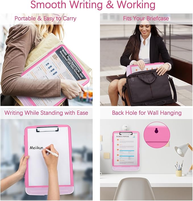 Meiikun Clipboard with Storage, Plastic Clipboards 8.5x11 with Pen Holder, High Capacity Nursing Clipboard Folder, Side Opening Storage Clip Board for Office Work Nurses Teachers (Pink)