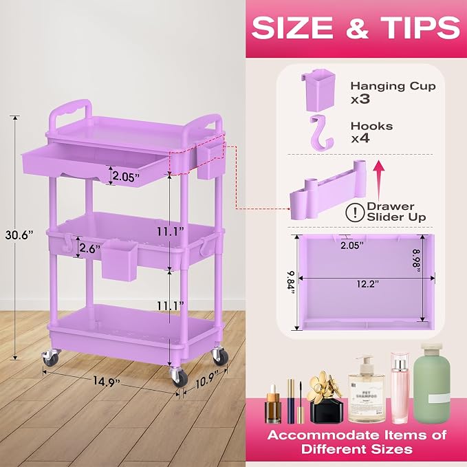 Goovilla Rolling Makeup Organizer Cart with Removable Drawer, 3 Tier Purple | Stable Floor Skincare Storage Cart for Vanity, Cosmetic Display, Nail Polish, Perfume, Hair Stuff, Beauty, Bathroom(Plastic)