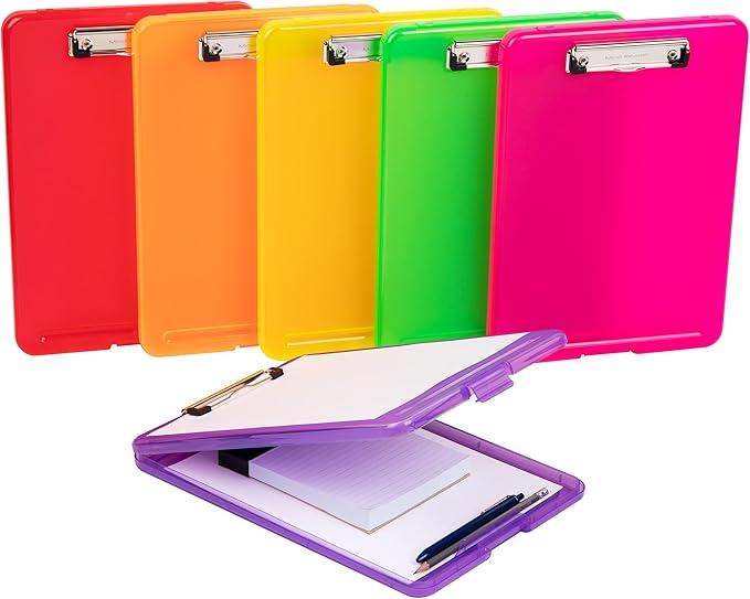 Mind Reader Clipboard with Storage, Teacher, Nursing Clipboard, Plastic, 9.25"L x 13.25"W x 1"H, Set of 6, Assorted Colors
