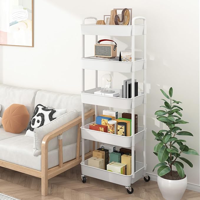 Sywhitta 5-Tier Plastic Rolling Utility Cart with Wheels for Storage,White | Multi-Functional Storage Trolley, for Office, Living Room, Kitchen, Bathroom,Movable Organizer,Space-Saving,Easy to assemble