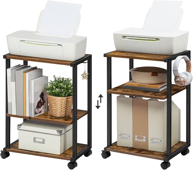 HOOBRO Mobile Printer Stand, 3-Tier Printer Cart Under Desk with Storage, Industrial Adjustable Rolling Cart, Sturdy Little Table on Wheels for Home Office BF28PS01