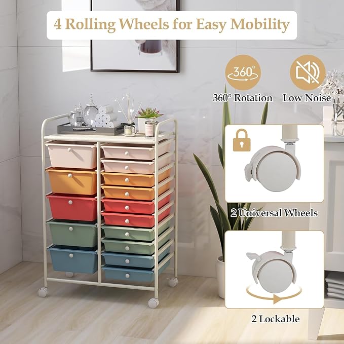 15 Drawer Rolling Storage Cart, Rolling Cart with Drawers for Classroom, Art Supply Craft Organizer on Wheel with Metal Frame & Handles for Home Office School