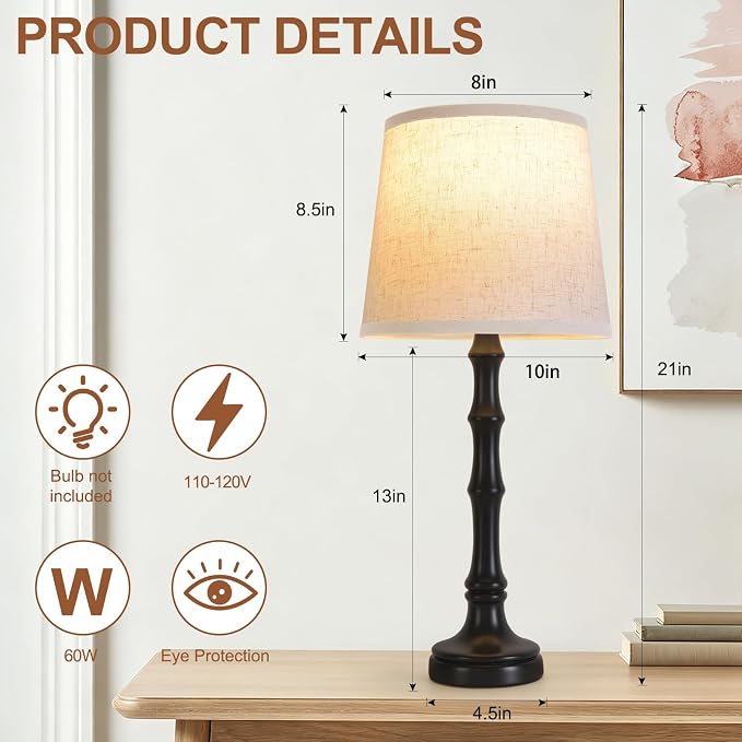 Lamps Set of 2 Modern Farmhouse Table Lamp Bedside Reading Lamps Living Room End Tables Set Lamps for Night Stands Bedroom Night Lamp,High 26.25 Inch,Black,With Fabric Lamp Shade,Bulb Not Included