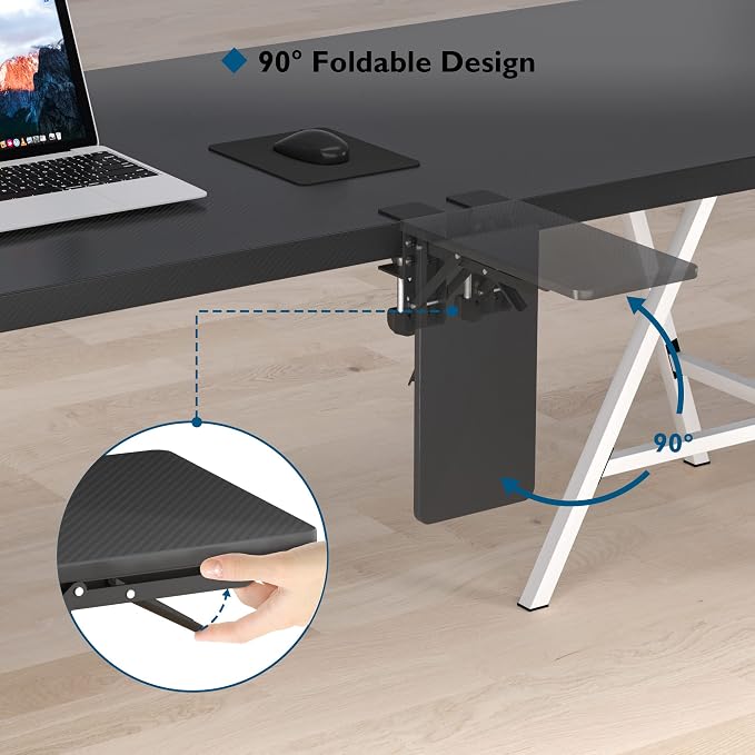 BONTEC Desk Extender Tray, 11.8 x 5.9 Inch, Black Carbon Fiber | 90° Foldable Elbow Support, Table Mount Arm Wrist Rest Shelf, Clamp on Computer Arm Rest, Easy to Install, Office & Home Use