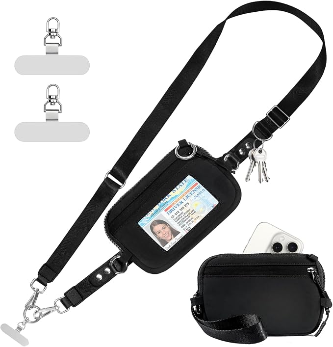 Tiostep Clip and Go Strap for Phone with Wallet Crossbody Phone Lanyard Adjustable and Detachable RFID Wristlet Wallet (Black, Large)
