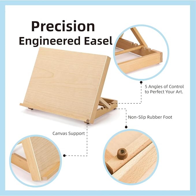 12.5"x16.5" Foldable Beechwood Tabletop Painting Easel | Portable Drafting Table & Art Stand, 5-Position Desk Easel With Smooth Art Board For Studio Sketching, Art Supplies