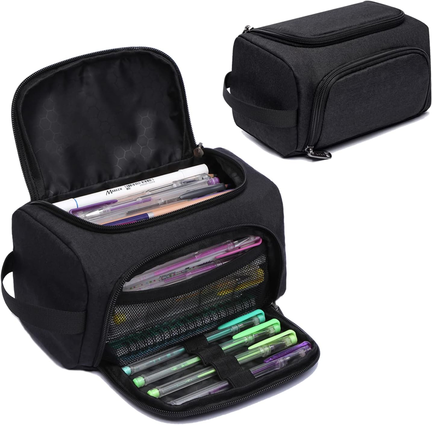 XQXA Large Capacity Pencil Case Organizer, Multifunctional Extra Big Pencil Pouch with Compartmens, Travel Simple Stationery Pen Bag, Fabric Pencil Bag for Men Women Girl Boy (Black)