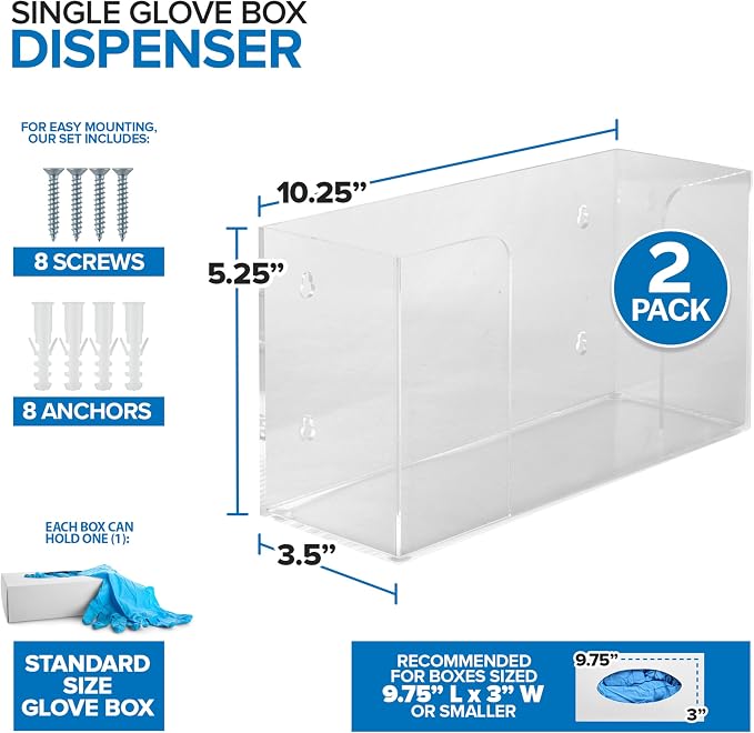 Stock Your Home Single Acrylic Gloves Dispenser (2 Pack) Tissue Box Shelf, Glove Holder Wall Mount, For Kitchen, Cleaning Closet, Lab, Exam, Office