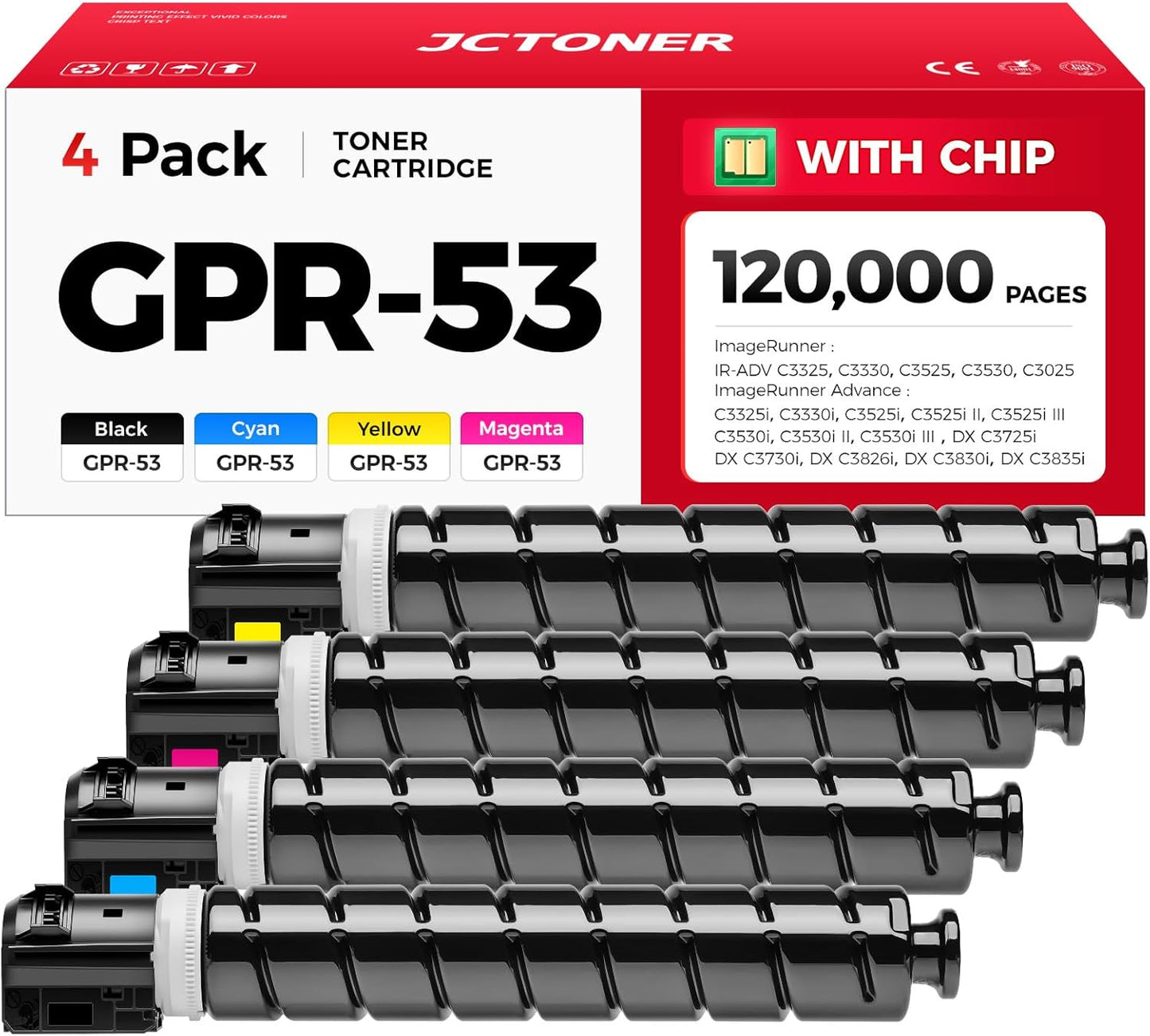 GPR-53 GPR53 Toner Cartridge High Yield Replacement for Canon GPR53 Toner ImageRunner Advance C3325i C3330i C3525i C3530i C3025i C3725i C3730i C3826i C3830i C3835i Printer (Black Cyan Magenta Yellow)