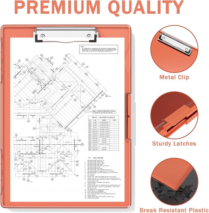 Rimilak Clipboard with Storage,8.5x11 2 Compartment Clip Board, Orange | Smooth Writing, Side-Opening Plastic Folder with Pen Holder, Size 13.3 x 9.4 x 1.5″,for Classroom, Teacher, Student