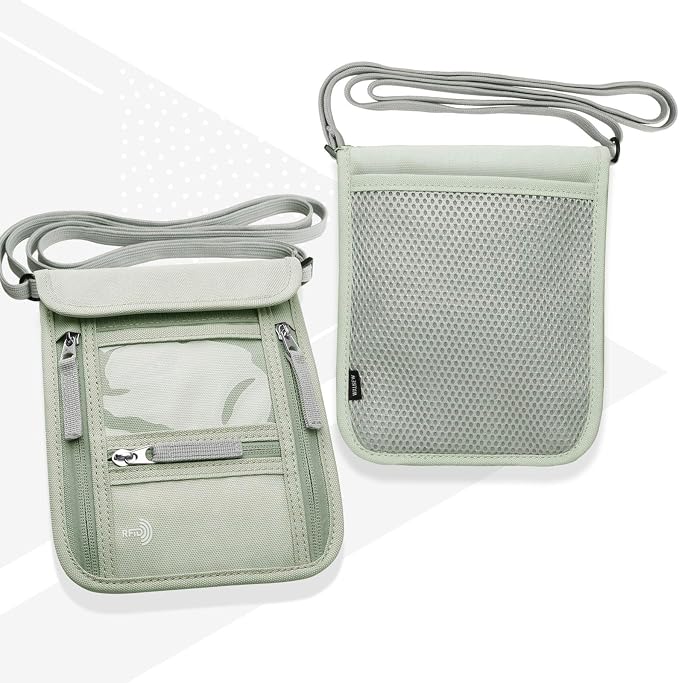 WALNEW Passport Holder Neck Pouch Travel Wallet for Women and Men, RFID Blocking Security Slim Traveling Wallet with Around Neck Lanyard Strap, Light Green | Around Neck Lanyard Strap, Travel Safety Anti Theft Bag, Neck Wallet for Traveling Women