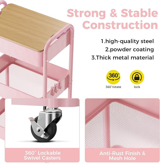 3-Tier Rolling Cart with Table Top, Metal Utility Cart on Wheels | Sturdy Storage Organizer Cart with Lockable Wheels&Hooks for Craft, Office, Classroom, Kitchen and Bathroom, Pink