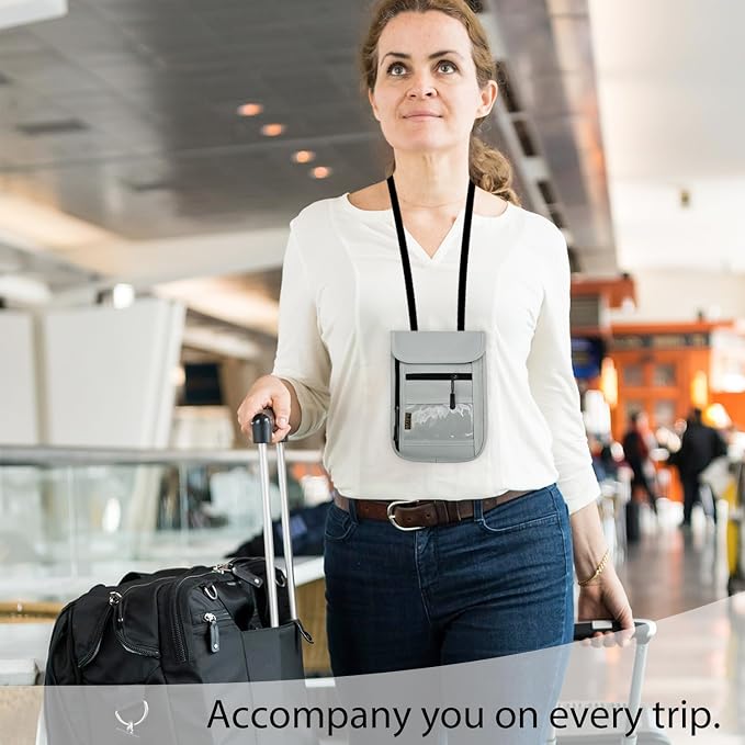 RFID Blocking Travel Neck Wallet Pouch and Passport Holder, Travel Neck Pouch Passport Holder for Women & Men - Gray