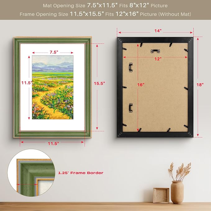Golden State Art, 12x16 Photo Frame With Mat for Pictures 8x12 and Real Glass (Green With Gold Trim - White Color Mat, 1.25 Inch Frame Border)