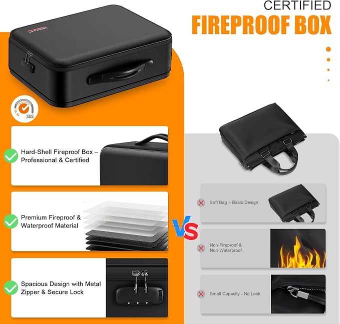 Fireproof Document Box with Lock - 5200°F Fire Proof Safe for Home Documents, Hard-Shell Fireproof & Waterproof Safe Box for Important Files Stocking Stuffs for Women or Men Christmas Gifts (Black)