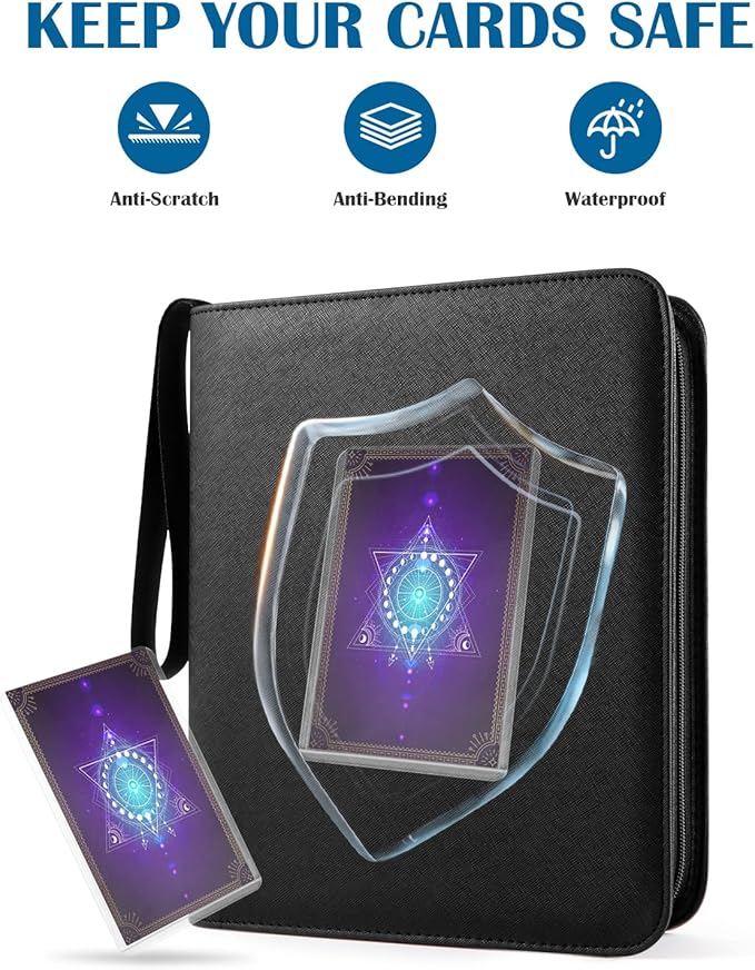 4 Pocket Top Loader Binder for 144 Toploaders, Side Loading Toploader Binder for 3 x 4'' Rigid Cards with Zipper Closure, PU Leather Ringless 2x2 Card Binder for MTG/TCG/Sports/Games, Blue