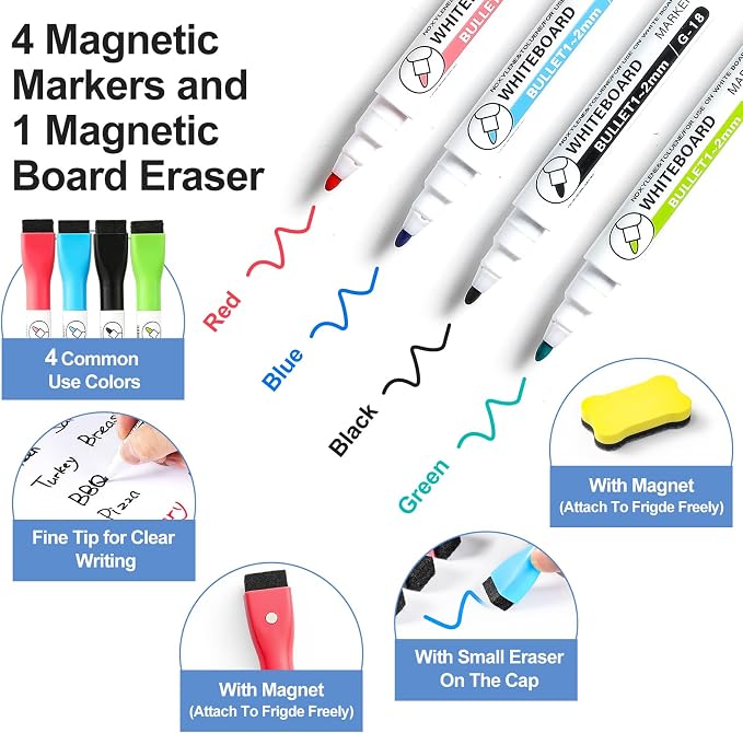 1 Pack Magnetic Dry Erase Board Sheet for Fridge, 12"x8" Erasable Refrigerator WhiteBoard w/ 4 Markers & 1 Eraser- Smooth and Flexible Small Magnet Blank Notepad for Home Kitchen Organizer and Planner