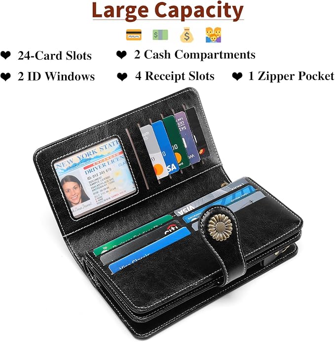 SENDEFN Wallets for Women Leather Credit Card Holder with RFID Blocking Large Capacity Wristlet | with RFID Blocking