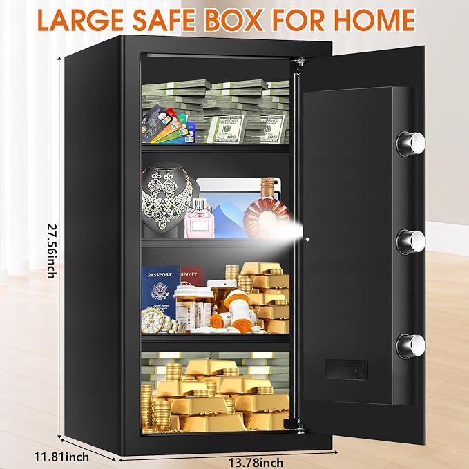 6.2 Cuft Large Fireproof Safe for Home Documents, Digital Security Personal Safety Box with Programmable Keypad, Spare Keys and 3 Removable Shelf, Anti-Theft Fire Safe Box for Money Firearm Medicine