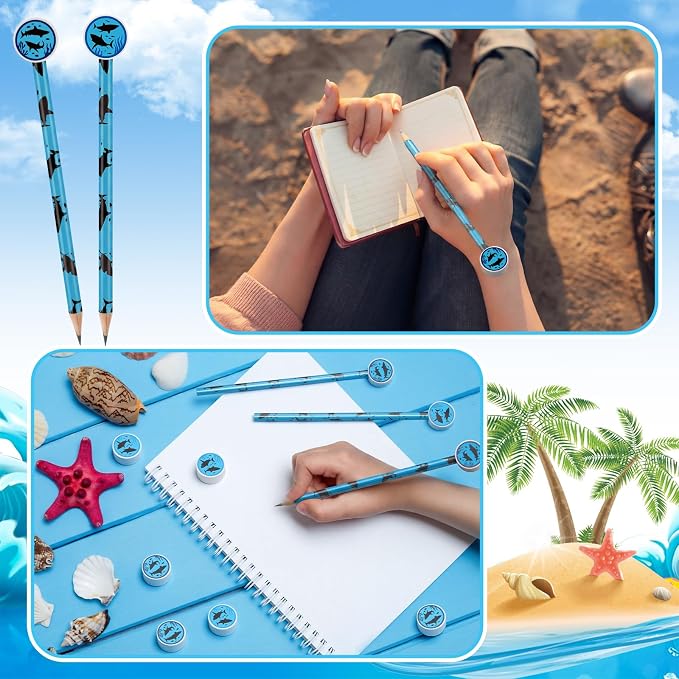 32 Pcs Summer Shark Pencil with Eraser Party Favors Gifts Shark Pen Goodie Bag Filler Under the Sea Theme Stationery Set for School Classrooms Exchange Reward Prize Home Office School Supplies