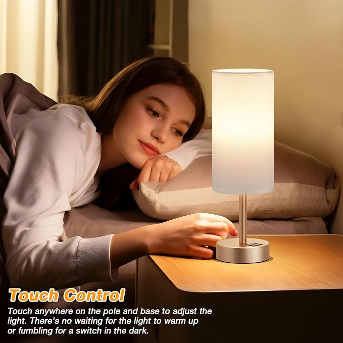 Dicoool Bedside Table Lamp for Bedroom - 3-Way Dimmable Touch Lamp, USB A+C | LED Bulb Included, 14" Small Nightstand Lamp for Desk, Living Room, Dorm, White Fabric Lampshade, Antique White Metal Base