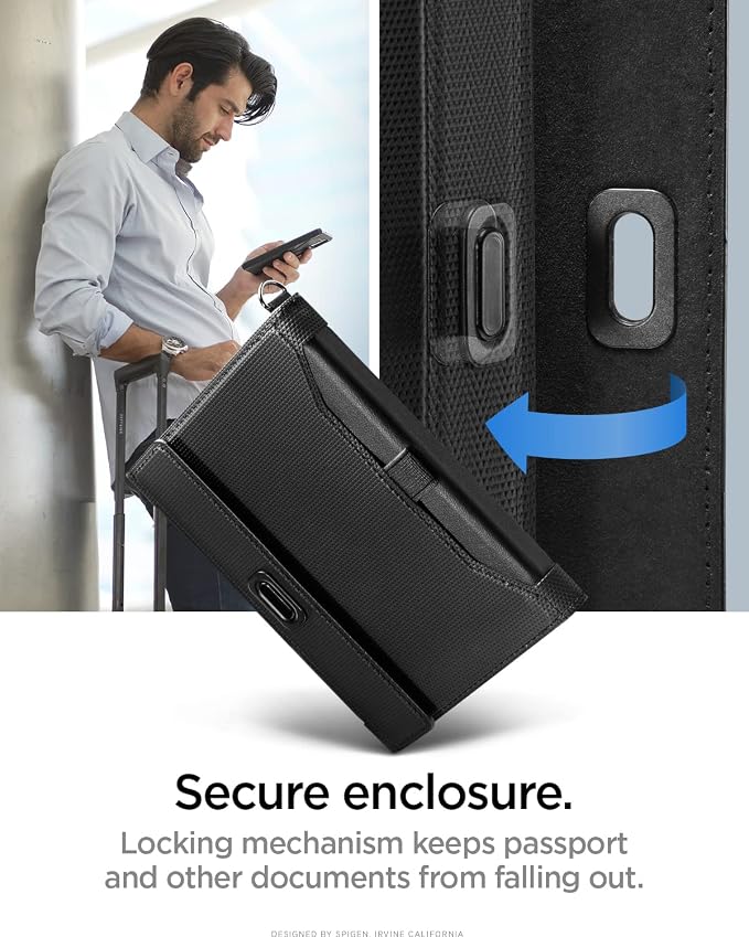 Spigen Life Passport Card Cover Holder, RFID Blocking | Travel Document Organizer, SIM Card Pin Included - Black