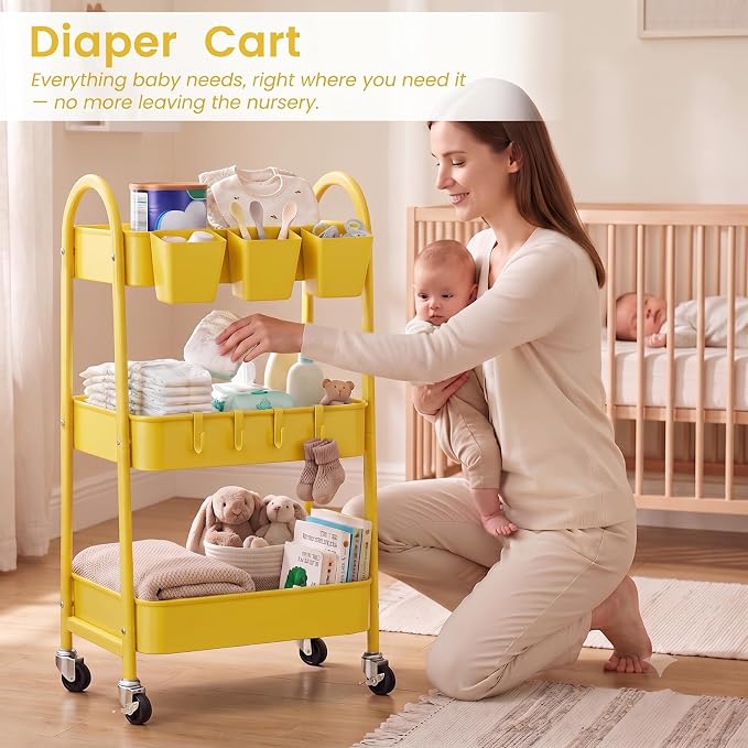 3-Tier Rolling Cart, Utility Cart Mobile Metal Rolling Storage Cart with Lockable Wheels & Hanging Cups & Hooks for Kitchen, Bathroom, Office, Workshop, Yellow