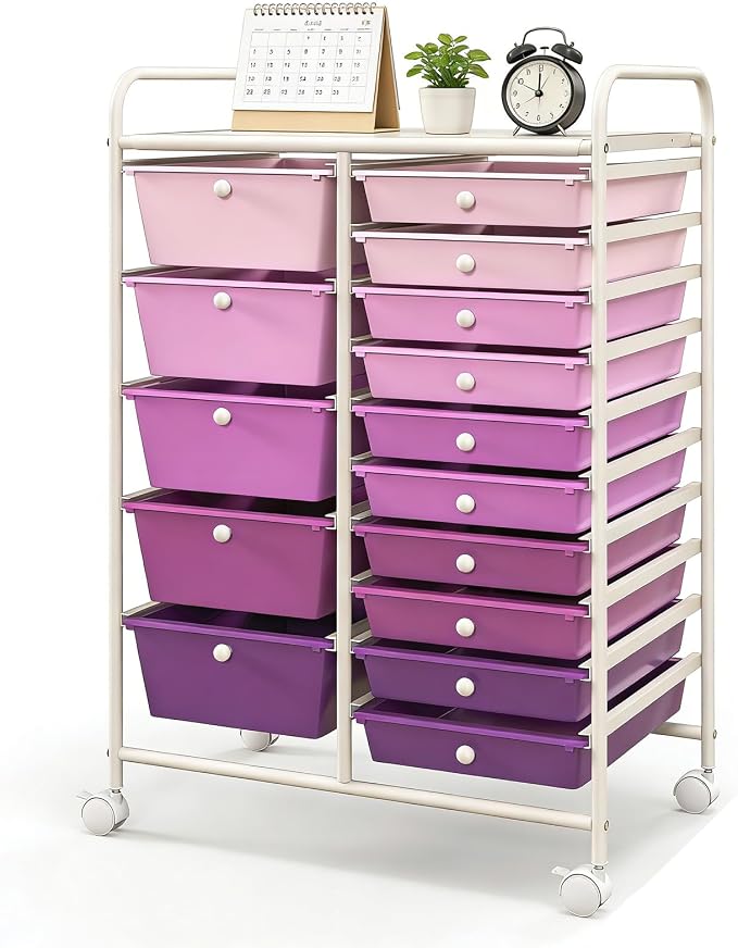 GLACER 15 Drawers Rolling Storage Cart, Steel Frame Craft Organizer Cart | Utility Cart w/Lockable Wheels & Handle, Mobile Art & Tool Supply Trolley for Teacher, Home, School, Office (Purple Gradient)