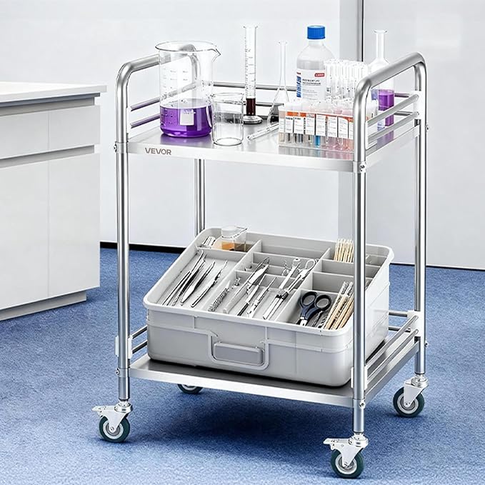 VEVOR Stainless Steel Rolling Cart, 2-Tier Metal Utility Cart with Lockable Wheels, Medical Serving Trolley Clinic Tray, Mobile Service Cart for Hospital, Lab, Restaurant, Kitchen, Salon