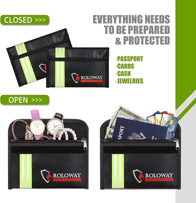 Small Fireproof Bag (5 x 8 inches) with Reflective Strip, Fireproof Money Bag for Cash, Valuables, Passport, Currency & Keys (2-Pack Black)