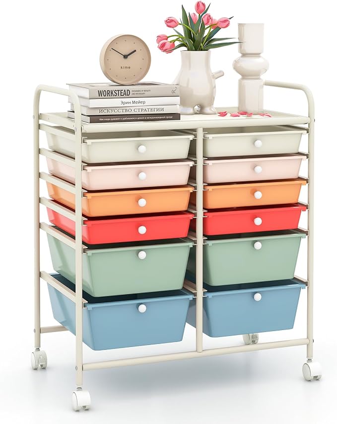 12 Drawer Rolling Storage Cart, Craft Cart Organizer on Wheels w/Metal Frame, Large Capacity & Smooth Drawer, Rolling Cart w/Drawers for Classroom, Office
