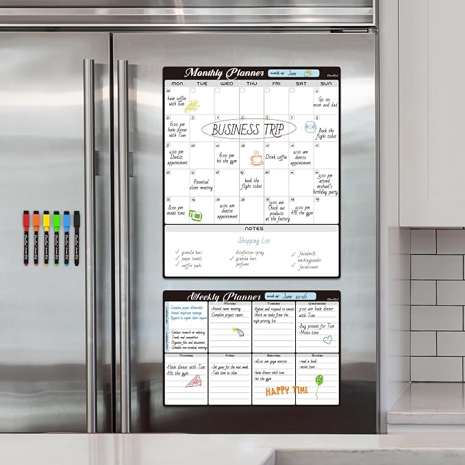 Magnetic Dry Erase Monthly Calendar Set - 15.5"x13" Monthly and 8.5"x13" Weekly Calendar for Fridge - 6 Extra Fine Point Markers Included - Shipped Flat