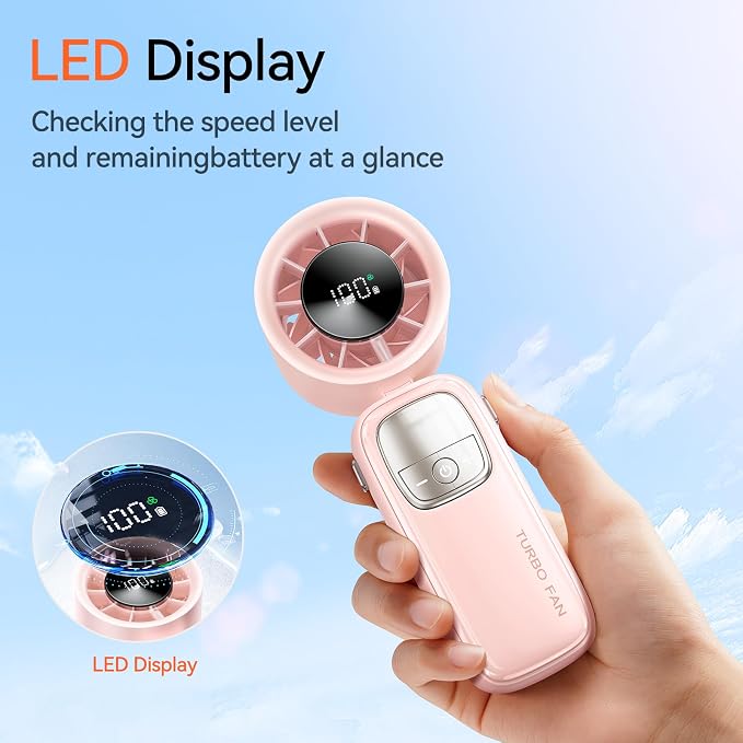 KIMMOO 3-in-1 Portable Handheld Turbo Fan-100 Speeds, 15000 RPM, 10Hrs Cooling, LED Display, 90° Rotation, Small Travel Fan, Mini Foldable Hand Held Personal Fan for Women Men (Pink)
