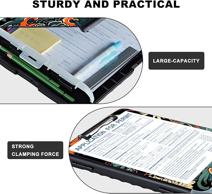 Clipboard with Storage,Storage Clipboard with Pen Holder,Heavy Duty Plastic Storage Clipboard with Low Profile Clip,Teacher Must Haves,Clipboard Folder,Office Supplies,Dragon -1355